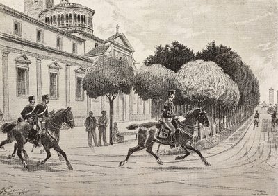 Lovas katonák a Beata Vergine dei Miracoli szentély előtt, Saronno, Olaszország, metszet Quinto Cenni rajzából, L
