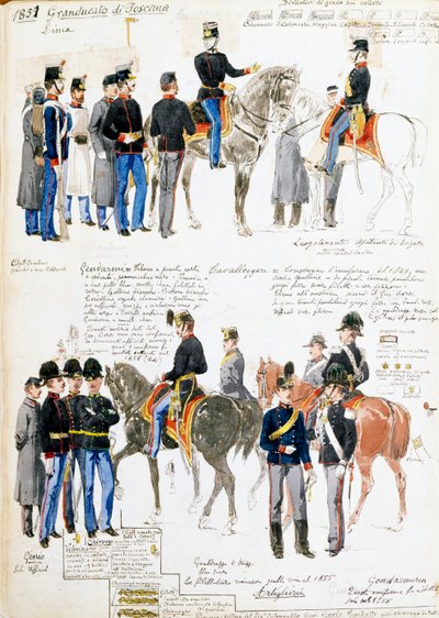 A Toszkán Nagyhercegség egyenruhája 1851-ben, a Cenni-kódexből vett tábla, Quinto Cenni (1845-1917) katonai vázlatainak gyűjteménye alkotó: Quinto Cenni