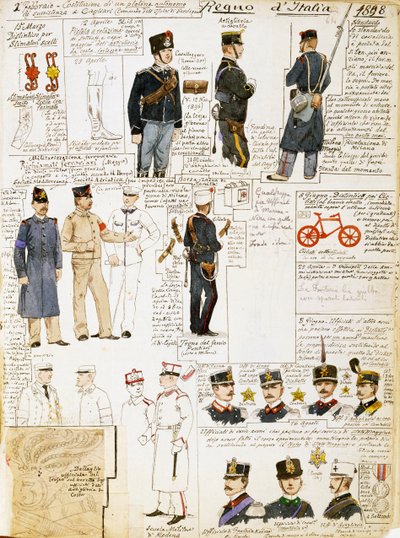 Az Olasz Királyság egyenruhái 1898-ban, tábla a Cenni Codexből, katonai vázlatok gyűjteménye akvarellrel alkotó: Quinto Cenni