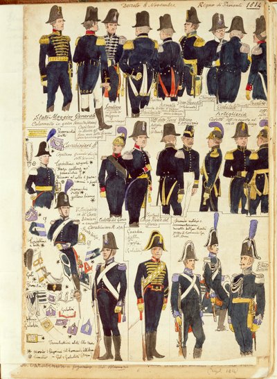 A piemonti hadsereg egyenruhája 1814-ből. Cenni Quinto színtáblája alkotó: Quinto Cenni