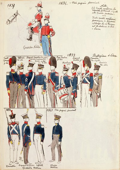 Különféle egyenruhák, Quinto Cenni, színes tábla, 1834-1841 körül alkotó: Quinto Cenni