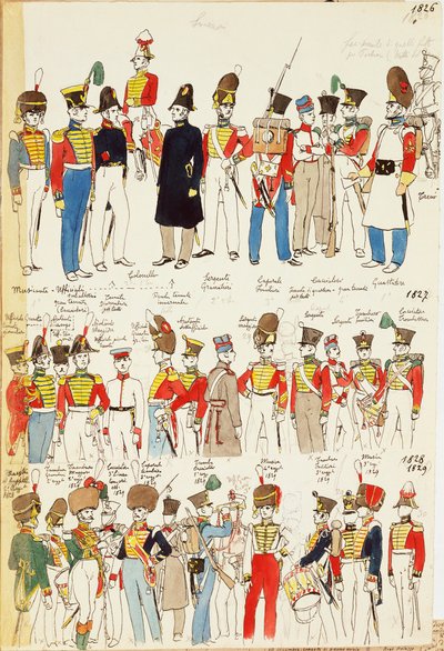 Különféle egyenruhák, 1826-tól 1829-ig. Színes tábla: Cenni Quinto alkotó: Quinto Cenni
