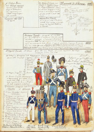 A Pármai Hercegség különböző egyenruhái 1845-ből. Cenni Quinto színes táblája alkotó: Quinto Cenni
