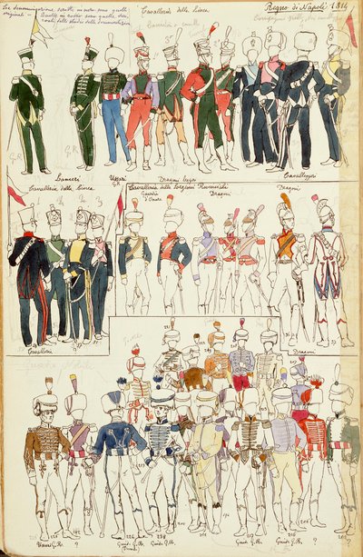 A Nápolyi Királyság különböző egyenruhái 1814-ből. Cenni Quinto színtáblája alkotó: Quinto Cenni