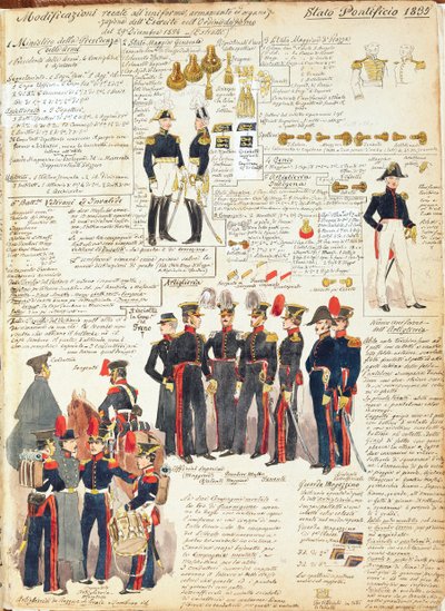 A pápai államok különböző egyenruhái 1835-ből. Cenni Quinto színtáblája alkotó: Quinto Cenni