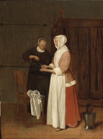 Egy nő kezet mos – A Woman Washing her Hands, szerző: Brekelenkam, Quiringh van (kb. 1622-kb. 1669). olaj a fára alkotó: Quiringh Gerritsz. van Brekelenkam