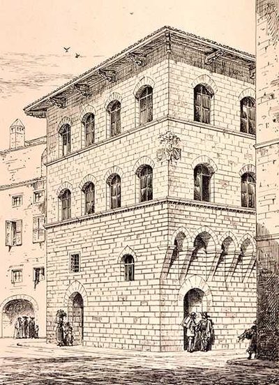 14. századi ház, Firenze, Olaszország, a "Példák Itália és Franciaország városi, kereskedelmi és utcai építészetére a 12. századtól a 15. századig" című kötetből, kiadó: W. Mackenzie. alkotó: R. (after) Anderson