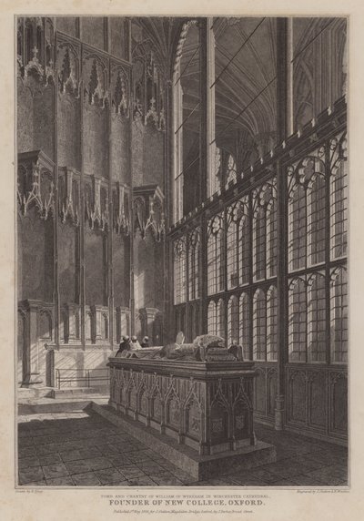 Wykeham William, az Oxfordi New College alapítója, a Winchester -székesegyház (gravírozás) sírja és chantryje. alkotó: R. (after) Essex