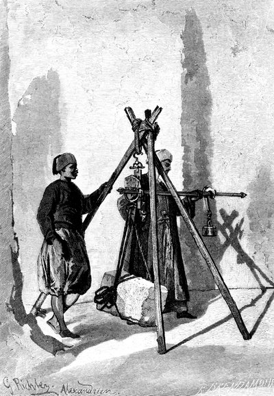 A kőtömbök mérlegelése, Egyiptom, 1880 alkotó: R. Brandamour