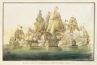 A "Victory" és a "Temeraire" hajók a trafalgari csatában délután fél egykor (litográfia) alkotó: R. H. Nimmo