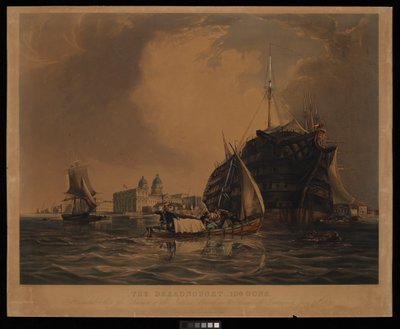 A Dreadnought 104 ágyúval, minden nemzetek tengerészeinek kórházhajója, a Temzén Greenwich előtt horgonyozva, 1831. június 20. alkotó: R. W. Price