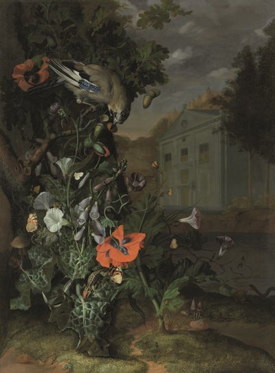 Erdei talaj, mögötte klasszikus homlokzattal (olaj, vászon) alkotó: Rachel Ruysch