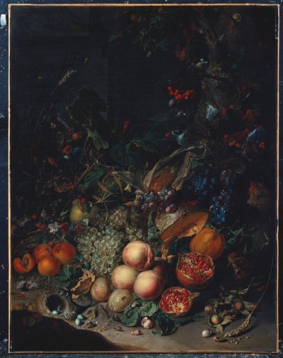Őszibarack, szőlő, gránátalma, dinnye, kukoricacsutka, sárgabarack, szilva, körte, makk, 1718 alkotó: Rachel Ruysch
