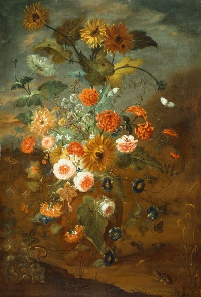Rózsa, szegfű, napraforgó vázában pillangókkal, békákkal, rovarokkal (olaj, vászon) alkotó: Rachel Ruysch