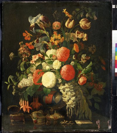 ""Csokor virág"" (Virágok) Az asztalon ékszerdobozok. Rachel Ruysch (1664-1750) festménye 18. századi Mihail Krosickij Művészeti Múzeum, Szevasztopol (Szevasztopol) Ukrajna alkotó: Rachel Ruysh
