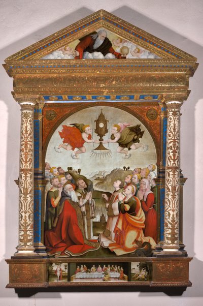 Oltárkép a Szentségimádásról, a predellán: Szent Sebestyén és Szent Rókus. alkotó: Raffaele De (fl.1514 1573) Pancalino