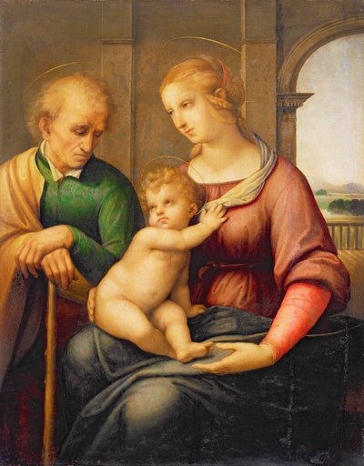 A Szent Család, vagy Madonna a szakáll nélküli Józseffel, 1506 körül (tempera és olaj, vászon, táblaképről átvéve) alkotó: Raffaello Sanzio Raphael