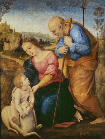 A Szent Család bárányokkal (olaj, fa) alkotó: Raffaello Sanzio Raphael