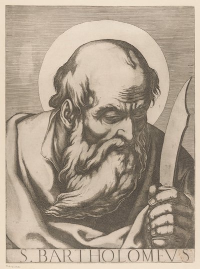 Szent Bertalan S. Bartholomew (cím a tárgyon) Krisztus, Mária és a tizenkét apostol (sorozat címe) Il sacrato collegio apostolico (sorozat címe) alkotó: Raffaello Schiaminossi