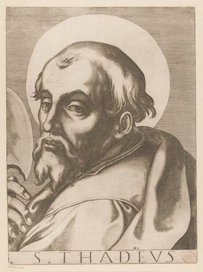 Heilige Judas Taddeus Szent Tádé (cím a tárgyon) Christ, Mary en de twaalf apostelen (sorozat címe) The Sacred Apostoli College (sorozat címe) alkotó: Raffaello Schiaminossi