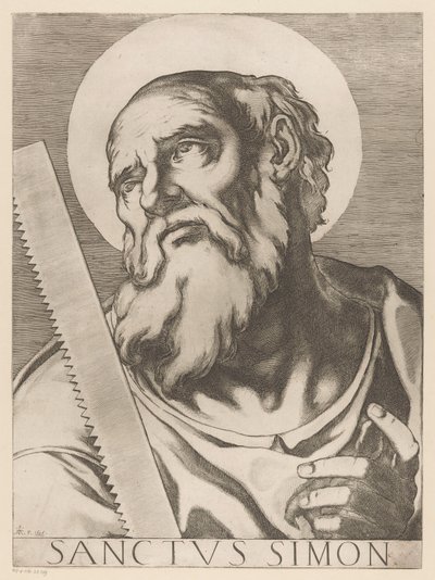 Heilige Simon Zelotes Szent Simon (cím a tárgyon) Christ, Mary en de twaalf apostelen (sorozat címe) The Sacred Apostoli College (sorozat címe) alkotó: Raffaello Schiaminossi