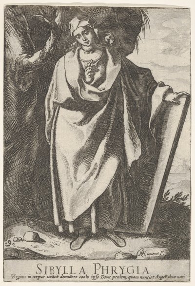 9. tábla: a fríg Szibilla, aki bal kezével egy tábla tetejét tartja, és rá mutat, 1609. alkotó: Raffaello Schiaminossi
