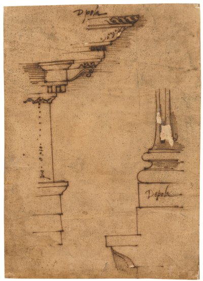 Egy talapzat és egy talapzat talapzatának terve (toll és barna tinta, olajozott pauszpapíron) alkotó: Raffaello da Montelupo