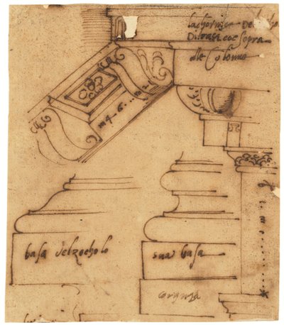 A római Konstantin-boltozat különböző elemeinek vázlatai (toll és barna tinta, olajozott pauszpapírra) alkotó: Raffaello da Montelupo