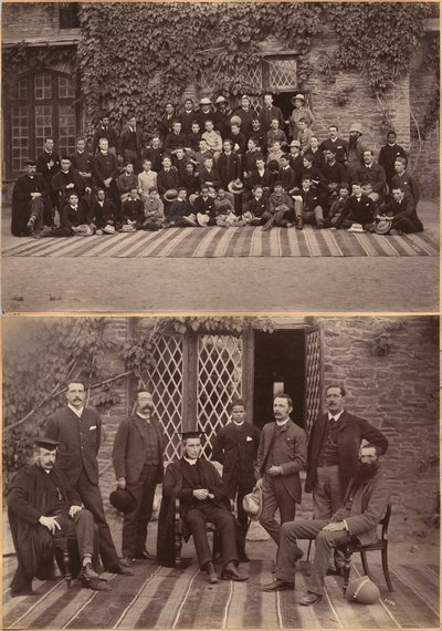 A shimlai Bishop Cotton School igazgatója és tanárai (előlap); a shimlai Bishop Cotton School középosztályos tanulói és személyzete (hátlap) alkotó: Raja Deen Dayal