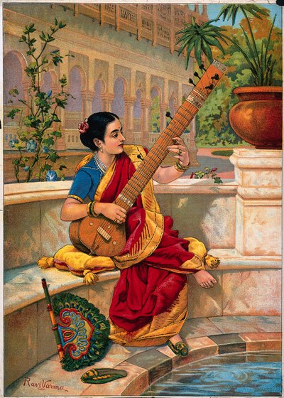 Egy ülő indiai nő szitáron játszik egy kerti tó mellett. alkotó: Raja Ravi Varma