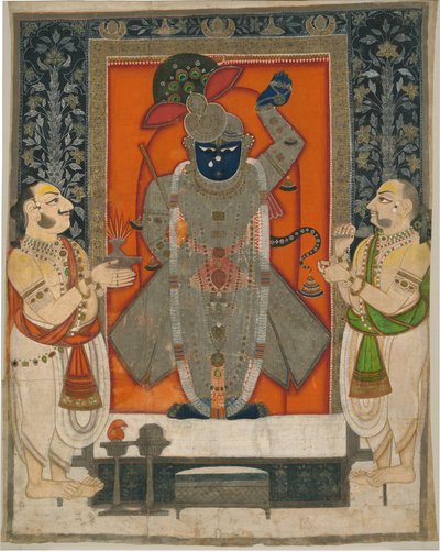 Papok, akik Krishnát Shrinathjiként imádják az Élelmiszer-hegy fesztiválján [Annakuta utsava]; függő szentély [pichhavai] alkotó: Rajasthan Kota school
