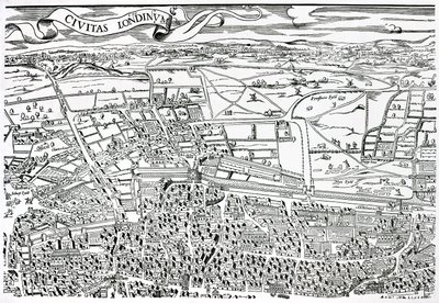 London részlete a várostól északra a Civitas Londiniumból (fanyomat) alkotó: Ralph Agas