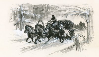 Dosztojevszkijt és fogolytársait zárt szánokba csomagolták a hosszú szibériai útra. alkotó: Ralph Bruce