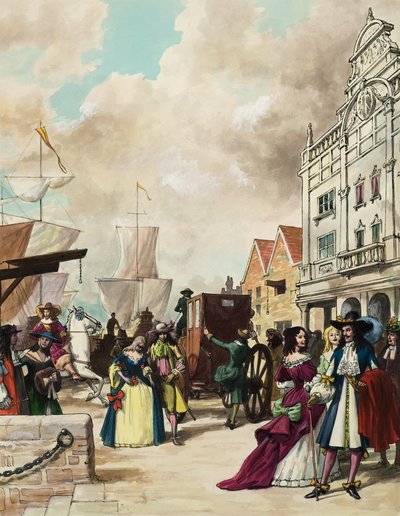 II. Károly király (1630-85) helyreállítja a színházat (gouache, papír) alkotó: Ralph Bruce