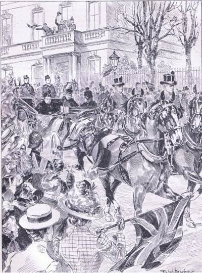 A Queens legutóbbi látogatása Londonban 1900 márciusában, illusztráció a Cassells History of England, 1900-as évekből alkotó: Ralph Cleaver