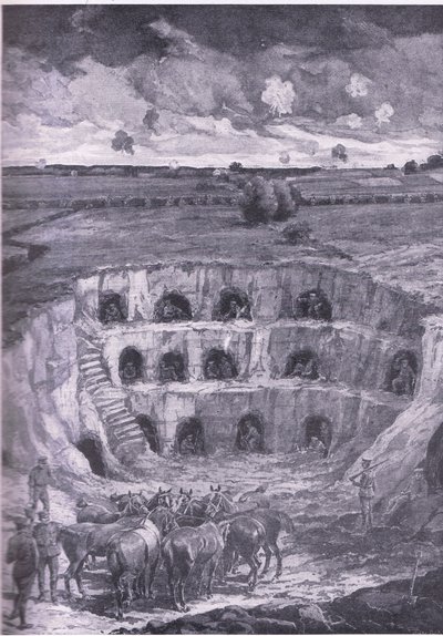 A modern barlanglakók, a History of the Great War 3. kötetéből, amelyet a Waverley Book Co Limited adott ki, 1920 körül alkotó: Ralph Cleaver