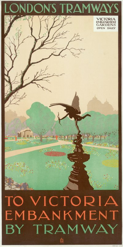 „To Victoria Embankment by Tramway”, London Megyei Tanács LCC Tramways plakátja, 1928 alkotó: Ralph and Brown Studios