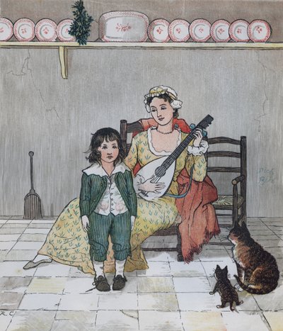 Oliver Goldsmith elégia egy veszett kutya haláláról. Bill Primrose mester a történet eléneklésére készül. Illusztráció: Randolph Caldecott alkotó: Randolph Caldecott