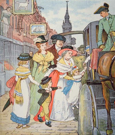 Családi élet a gyarmati Amerikában - Utcai jelenet Bostonban (akvarell papíron) alkotó: Randolph Caldecott