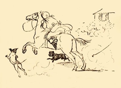 John Gilpint kutyák üldözik, miközben a lova irányíthatatlanul vágtat, 1878, 1918. alkotó: Randolph Caldecott