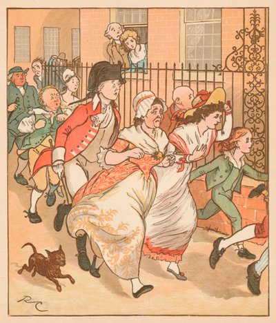 Szomszédok rohannak segíteni Islington jó emberének, 1879. alkotó: Randolph Caldecott
