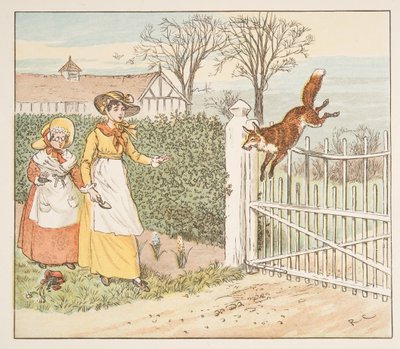 A róka átugrik a plébános kapuján, a The Hey Diddle Diddle Picture Book-ból, pub.1882 (színes metszet) alkotó: Randolph Caldecott