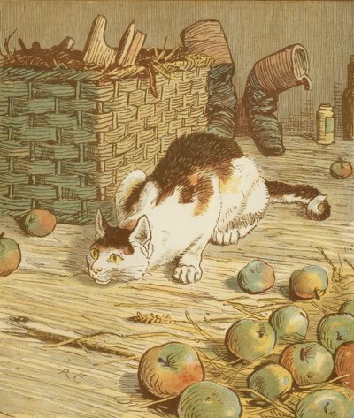 A ház, amelyet Jack épített" halmozó mondóka. A macska, amely megette a patkányt, amely megette a malátát. Illusztráció: Randolph Caldecott. alkotó: Randolph Caldecott