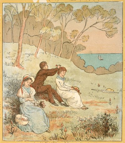 Két nő és egy férfi ül egy tisztáson a part közelében. alkotó: Randolph Caldecott