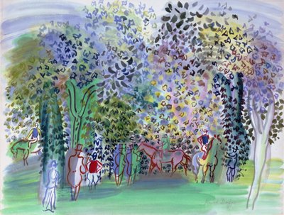 Lovak és zsokék a fák alatt, 1930-1 körüli (akvarell) alkotó: Raoul Dufy