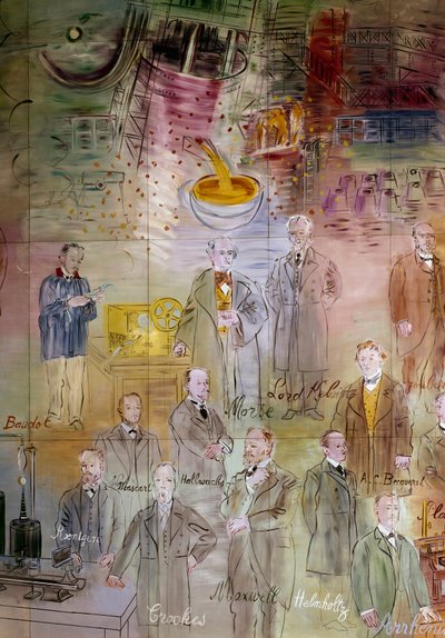 La Fee Electricite, részlet: Emile Baudot, Samuel Morse, William Thomson (Lord Kelvin), Jules Francois Joubert, Wilhelm Conrad Rentgen, Eleuthere Mascart, Wilhelm Hallwachs, Henri Becquerel, William Crookes, James Clerk Maxwell, Hermann von Hel, William Cr alkotó: Raoul Dufy