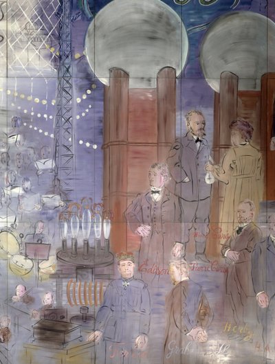 La Fee Electricite, a bal oldal részlete, tudósokat ábrázolva alkotó: Raoul Dufy