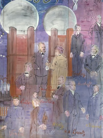 La Fee Electricite, a bal oldal részlete, tudósokat ábrázolva alkotó: Raoul Dufy