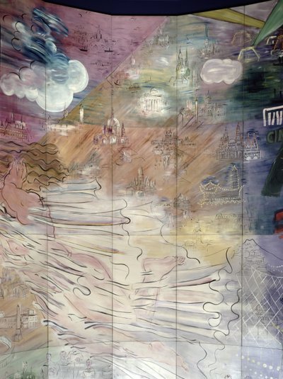 La Fee Electricite, a bal oldali részlete, amely különböző városokat ábrázol. alkotó: Raoul Dufy