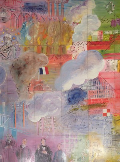 La Fee Electricite, a jobb oldali részlete, amely egy állomást és gyárkéményeket ábrázol. alkotó: Raoul Dufy
